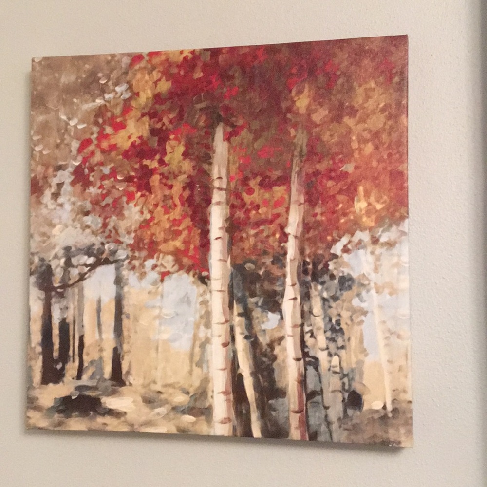 Autumn Birch Trees Wall Art Canvas - Red & Cream